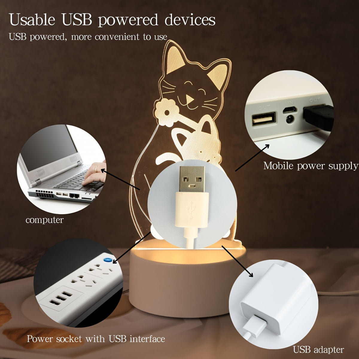 Monochrome 3D cat night light with USB power switch control, perfect for decorating bedroom, family room, and bedside table. Ideal for festivals and birthday gifts.