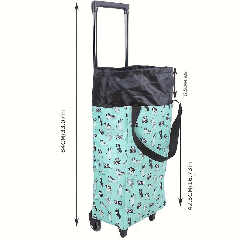 A durable metal frame trolley shopping cart with insulation layer, rolling plastic wheels, foldable and lightweight design for easy travel. Features drawstring closure, built-in pockets, and no electricity required.