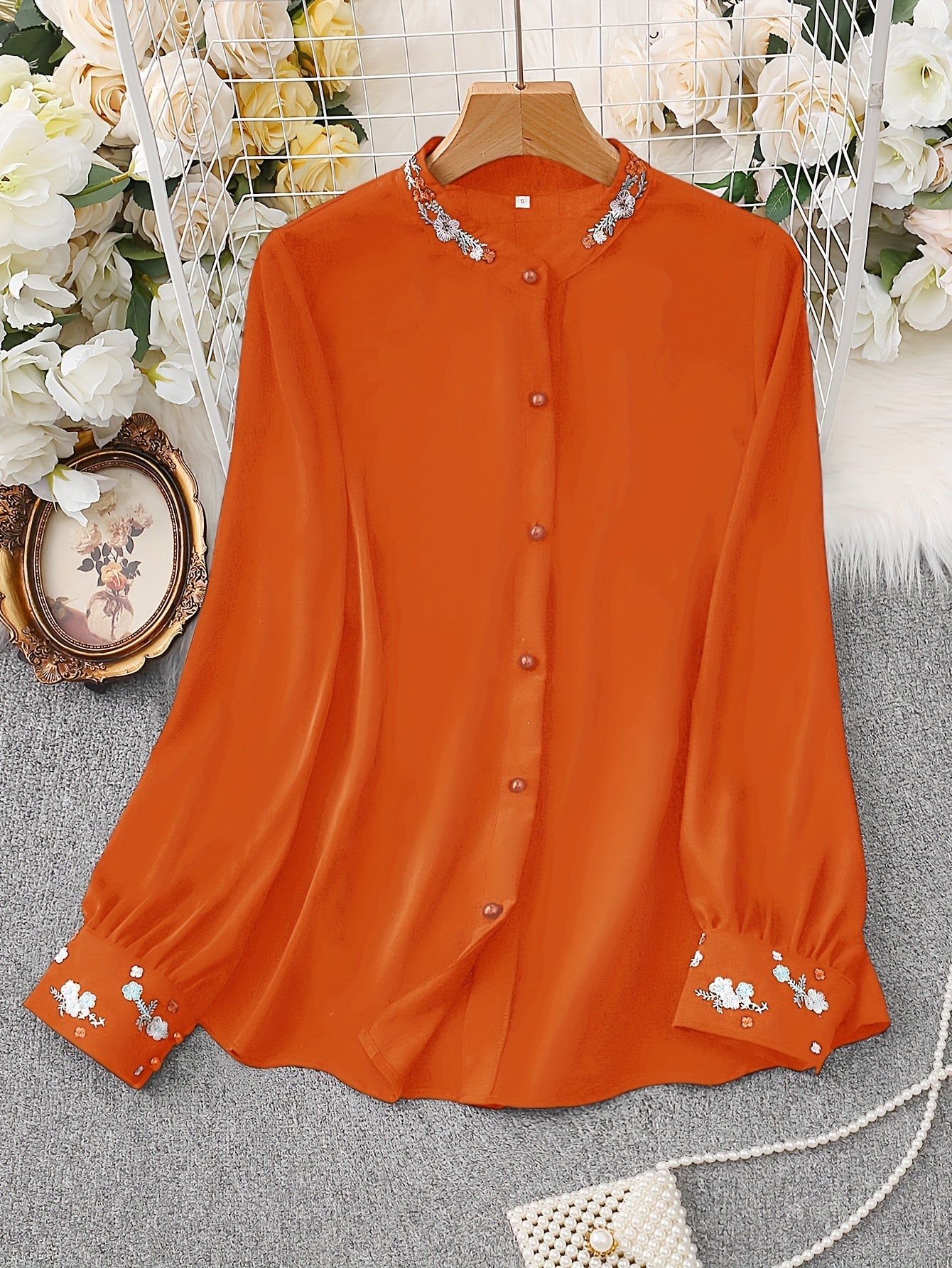 Floral Embroidered Button Front Blouse, Elegant Long Sleeve Women's Top for Spring and Fall