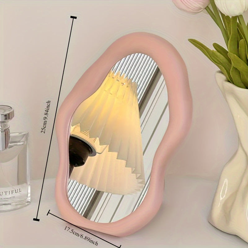 Portable cloud-shaped folding makeup mirror with floral theme, polished glass surface, plastic frame, dresser mount, no electricity needed for home, dorm, and travel.