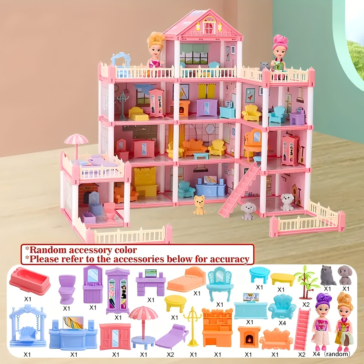 Luxurious 4-story dollhouse set with 4 dolls and accessories, perfect for children's pretend play. Available in pink or blue.