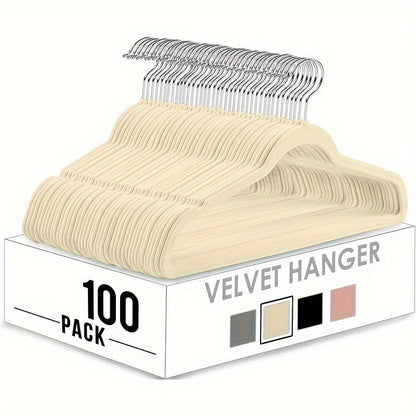 Set of 100 high-quality velvet hangers, measuring 44.96cm each. These non-slip flocked felt hangers are perfect for coats and suits, featuring a 360 degree swivel hook for convenience. Each hanger can hold up to 6.8 KG of weight.