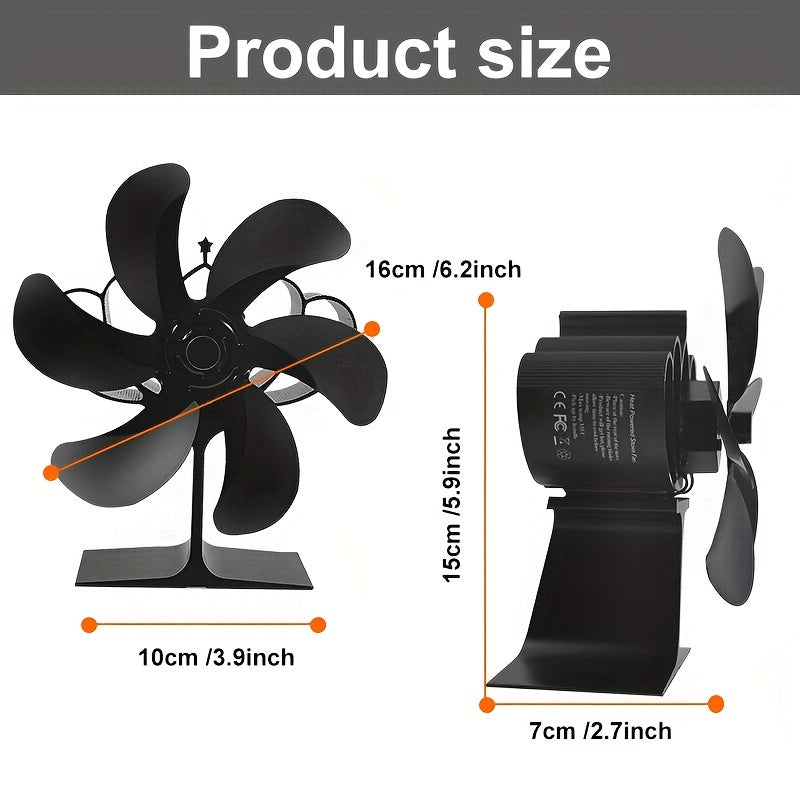 One piece 6-blade stove fan designed to efficiently distribute heat for wood, log, and pellet stoves and fireplaces. This portable thermoelectric fan serves as an air circulator and heat-powered exhaust fan.