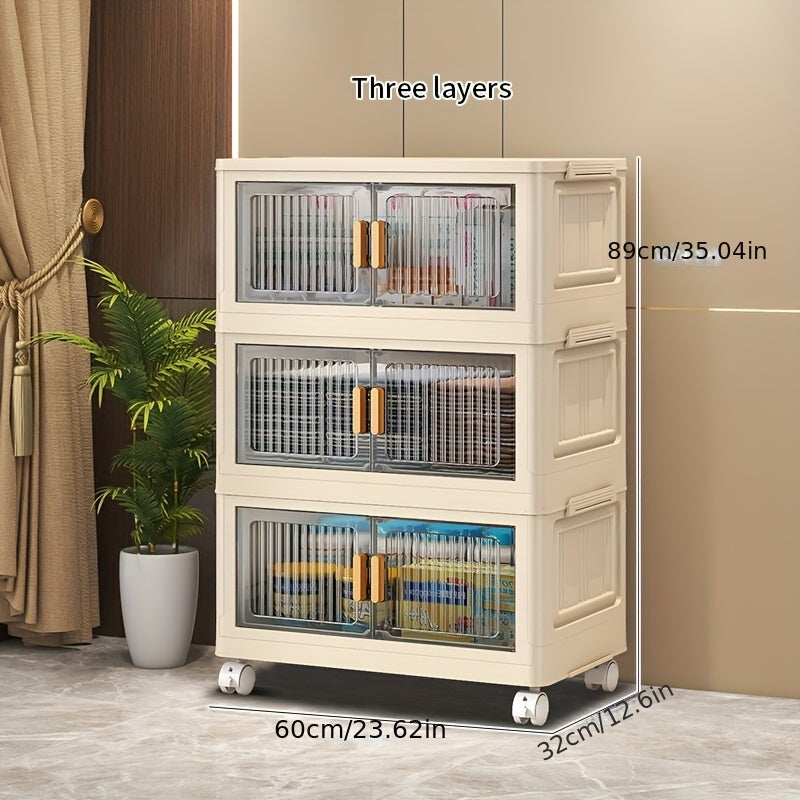 Foldable plastic storage cabinet with multiple layers for easy assembly and space-saving organization. No power required, ideal for home storage on desks and drawers.