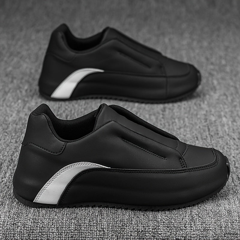 Men's slip-on casual sneakers in black & white with a thick sole, height boosting feature, round toe, and low-top design. Made with PU upper and fabric lining for versatility in all seasons.