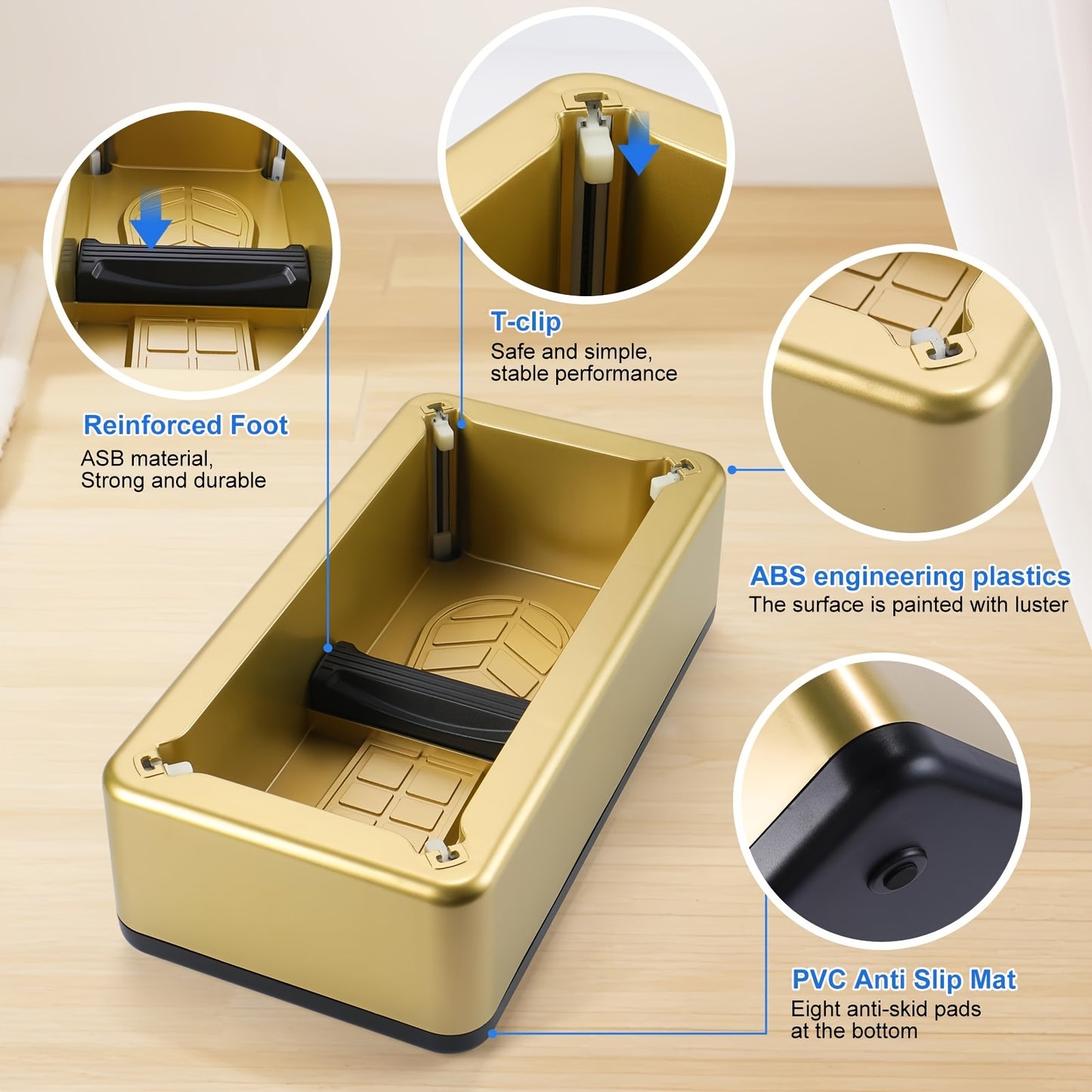 Automatic shoe cover dispenser made of durable plastic carbon fiber ABS with a steel frame, suitable for home and office use with golden finish.