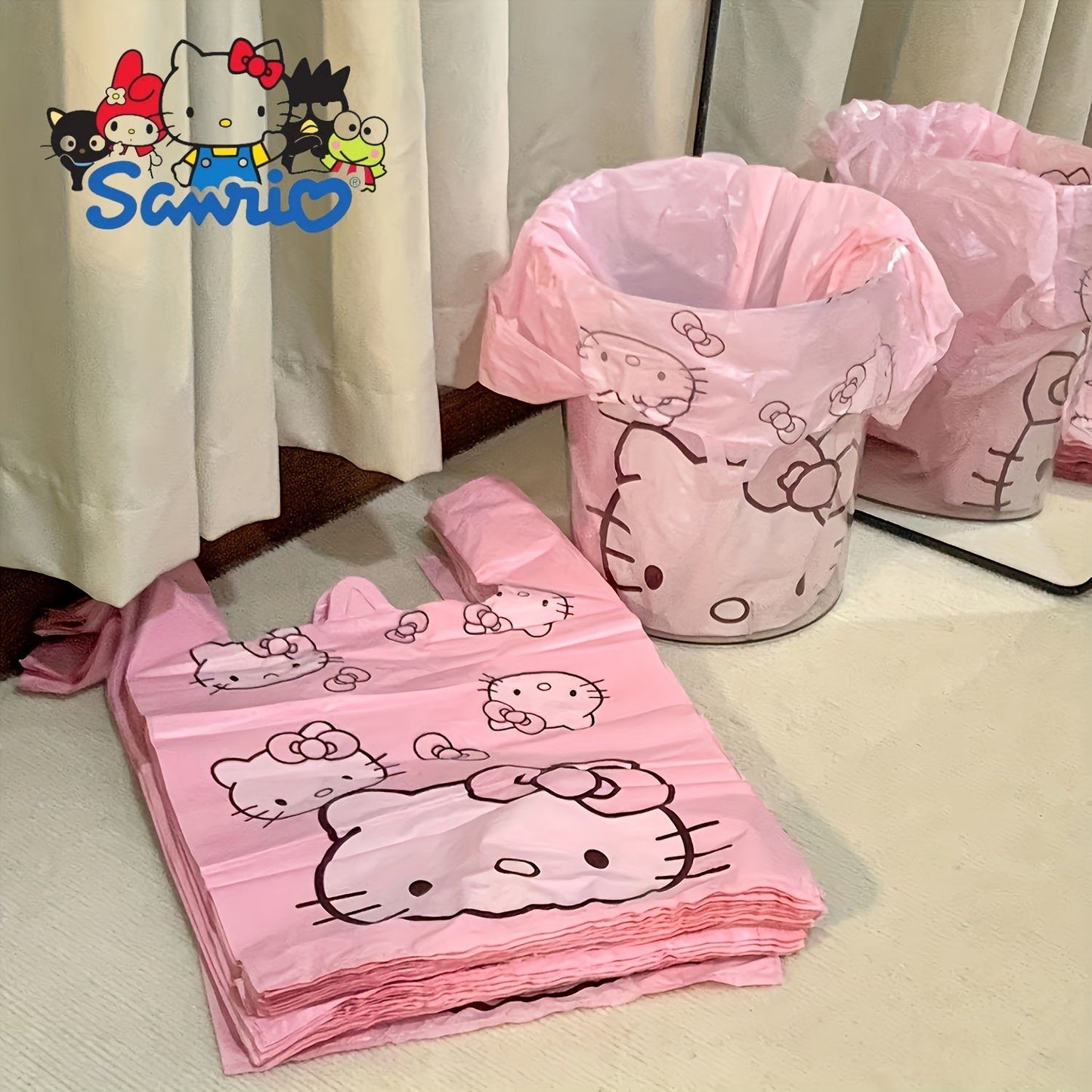 Introducing a collection of 50 charming and versatile trash bags crafted from PET material. Perfect for use in living rooms, bedrooms, bathrooms, and kitchens. These bags showcase a delightful cartoon pink design, making them ideal for gifts or storage