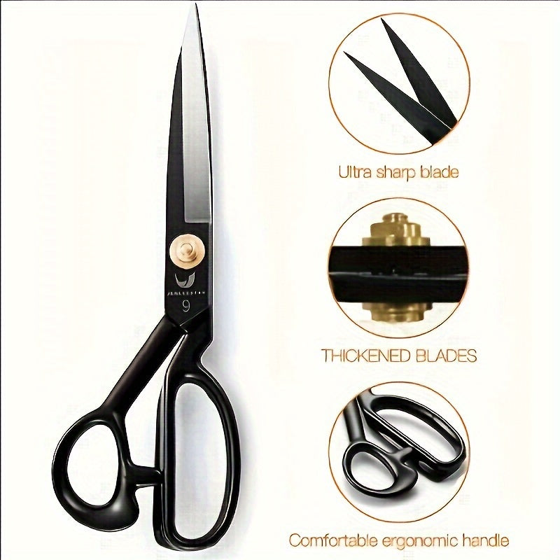 Tailor's Scissors made of high carbon steel with razor blade for fabric cutting. Features right-handed design with ergonomic black handles, ideal for precision cutting in crafting, sewing