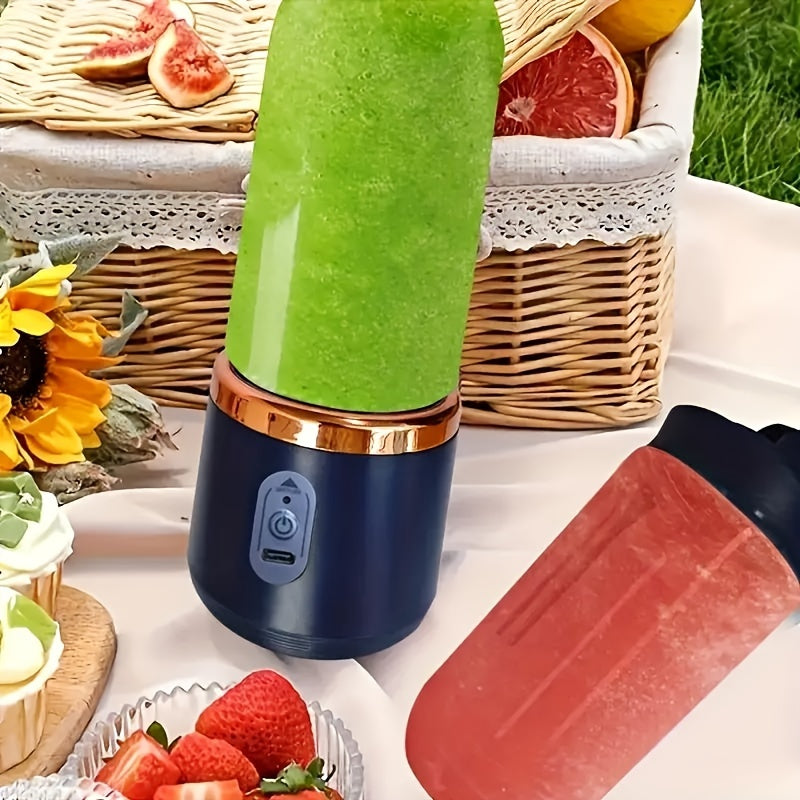 Small portable juicer with dual cups, rechargeable via USB. Versatile personal blender for fresh juice, smoothies, and milkshakes. Perfect for use at home, the office, or while traveling. Features a 1L capacity, lithium battery, and made of plastic