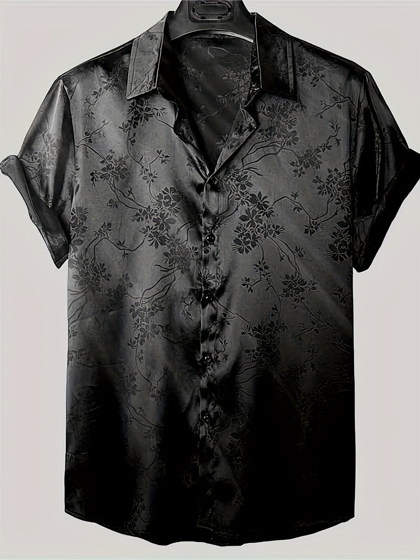 Men's casual short-sleeve button-up shirt with subtle floral print, made from lightweight polyester. Perfect for summer wear, collared design for easy care.