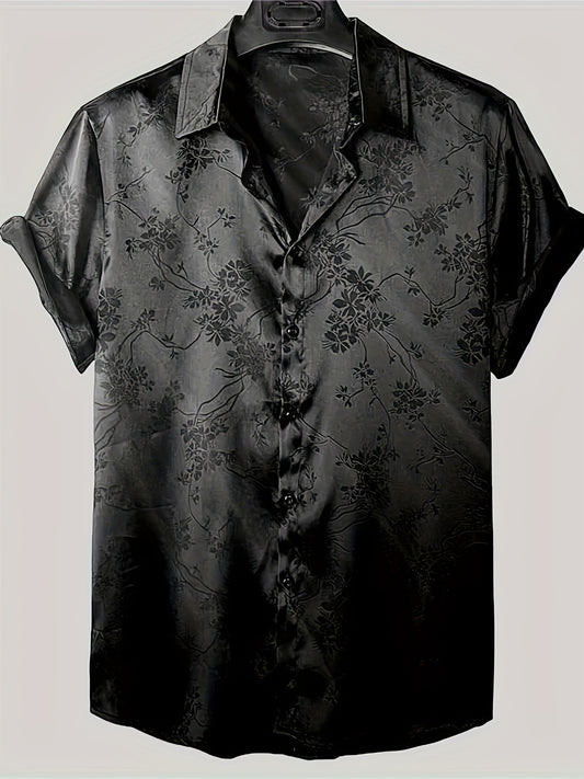 Men's casual short-sleeve button-up shirt with subtle floral print, made from lightweight polyester. Perfect for summer wear, collared design for easy care.