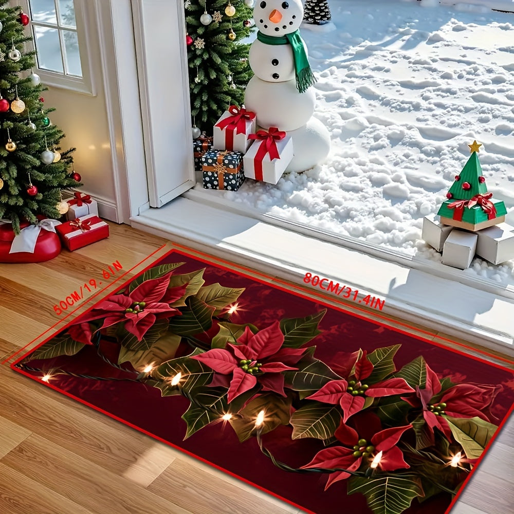 Festive Christmas Poinsettia Pattern Long Runner Rug in 1 Piece, Made of Polyester with Non-Slip Stain Resistant Features, Machine Washable Carpet, Soft and Comfortable Floor Mat with Anti-Slip Backing for Home Party Decor or Holiday Gift option.