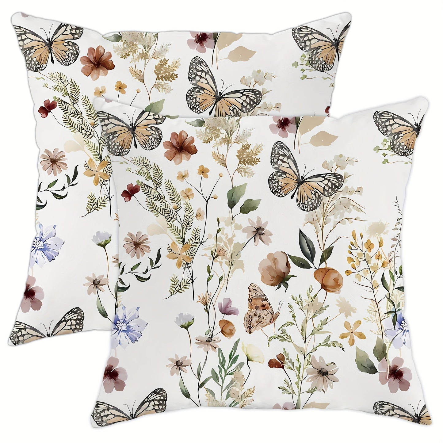 Two pieces of velvet throw pillow covers featuring a country rustic floral butterfly design in white. These decorative pillow covers measure 45.72cm x 45.72cm and are perfect for adding a touch of elegance to your living room, bedroom, sofa, or bed.