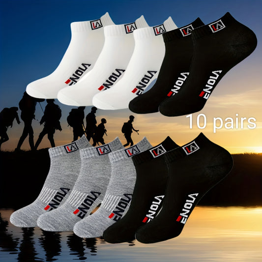 10 pairs of men's casual ankle socks in black, white, and grey with an alphabet pattern, made of 97% polyester and 3% spandex. Knit fabric, hand wash or dry clean only. From the