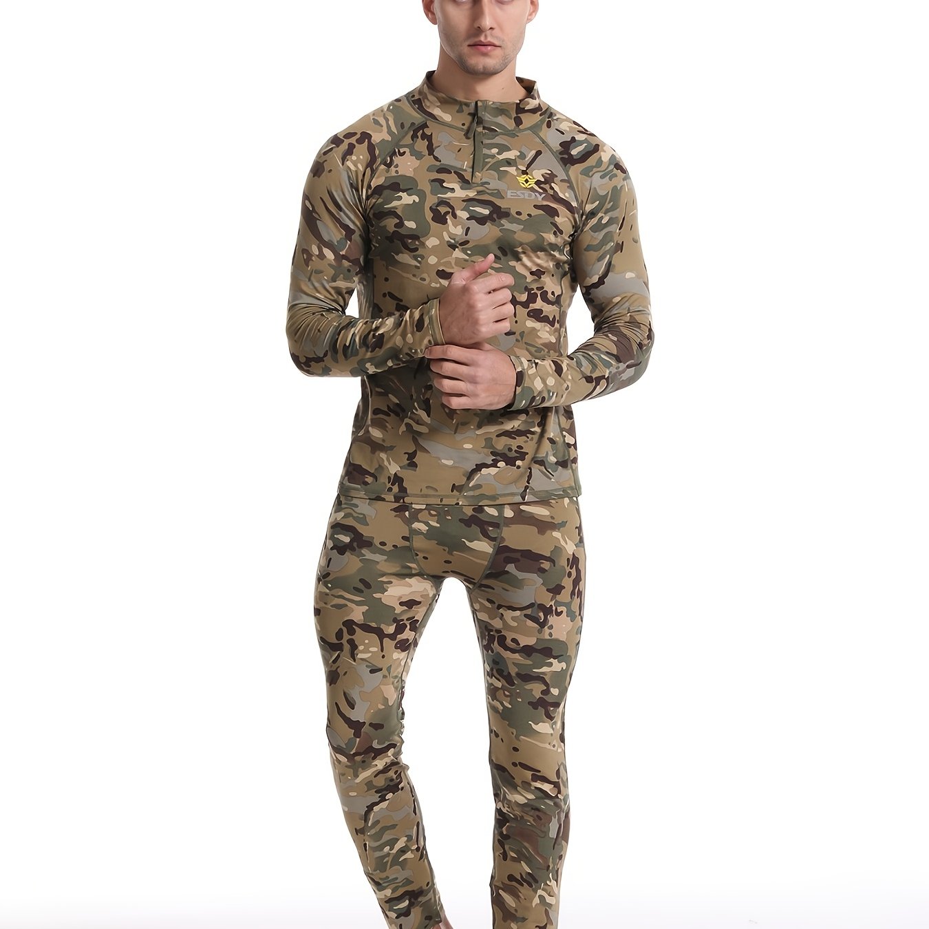 ESDY Men's Combat Shirt and Camo Leggings Set made of high-stretch knit fabric with zipper detail. Slim fit, long sleeve, made of 90% polyester and 10% spandex. Ideal for hiking and outdoor