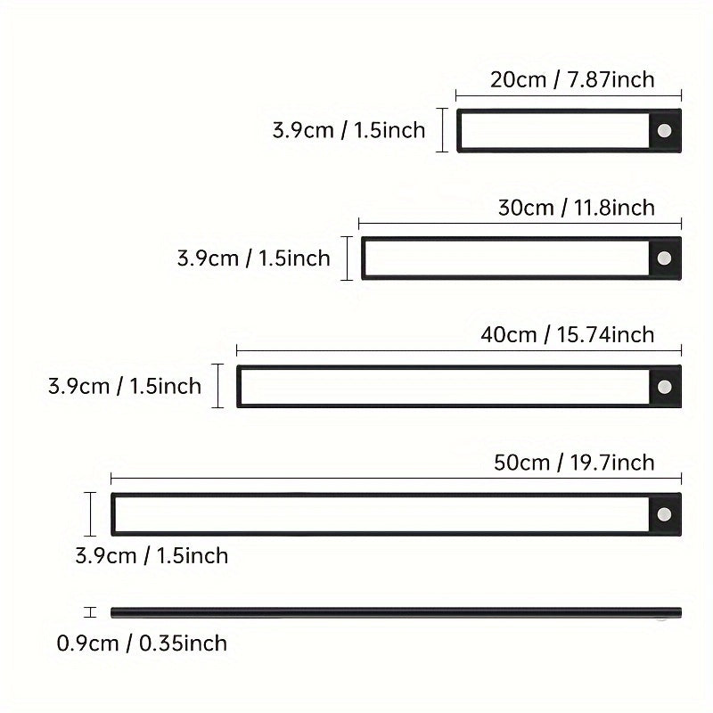 Sleek Motion Sensor LED Cabinet Light: Wireless, rechargeable with magnetic easy-install. Adjustable brightness for kitchen, bedroom, hallway, and staircase. Available in sizes: 19.81cm, 29.97cm, 15.7".