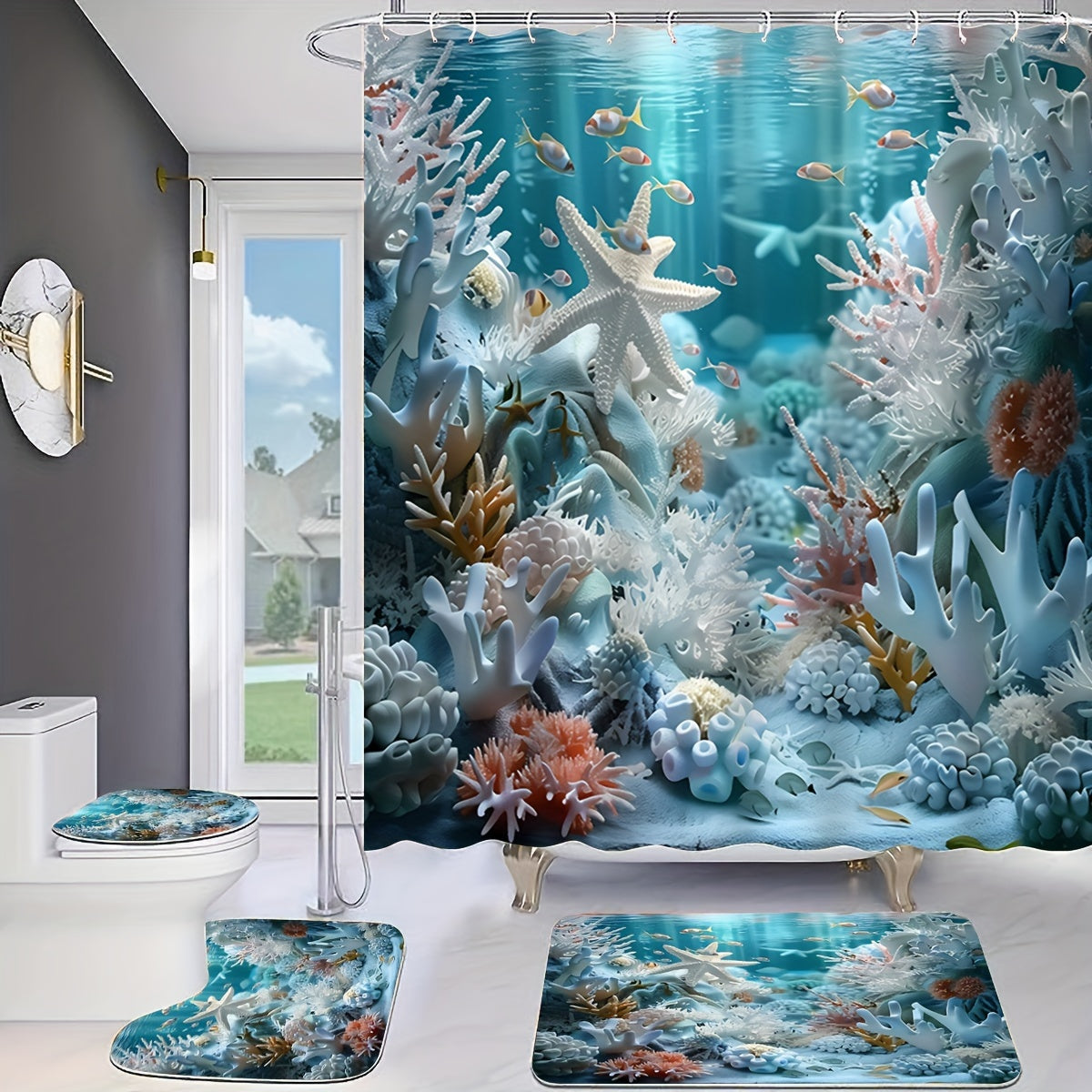 Ocean style shower curtain set with shell and starfish print, includes waterproof curtain, non-slip floor mat, toilet seat cover, bathroom mat, 12 plastic hooks for home decoration.