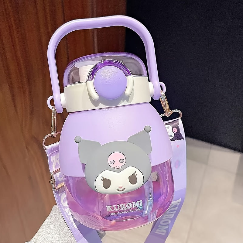 Large 35.5oz Sanrio water bottle featuring Kuromi & Melody designs. Leakproof with straw, portable for travel & fitness. Made of Tritan material, hand-wash only.