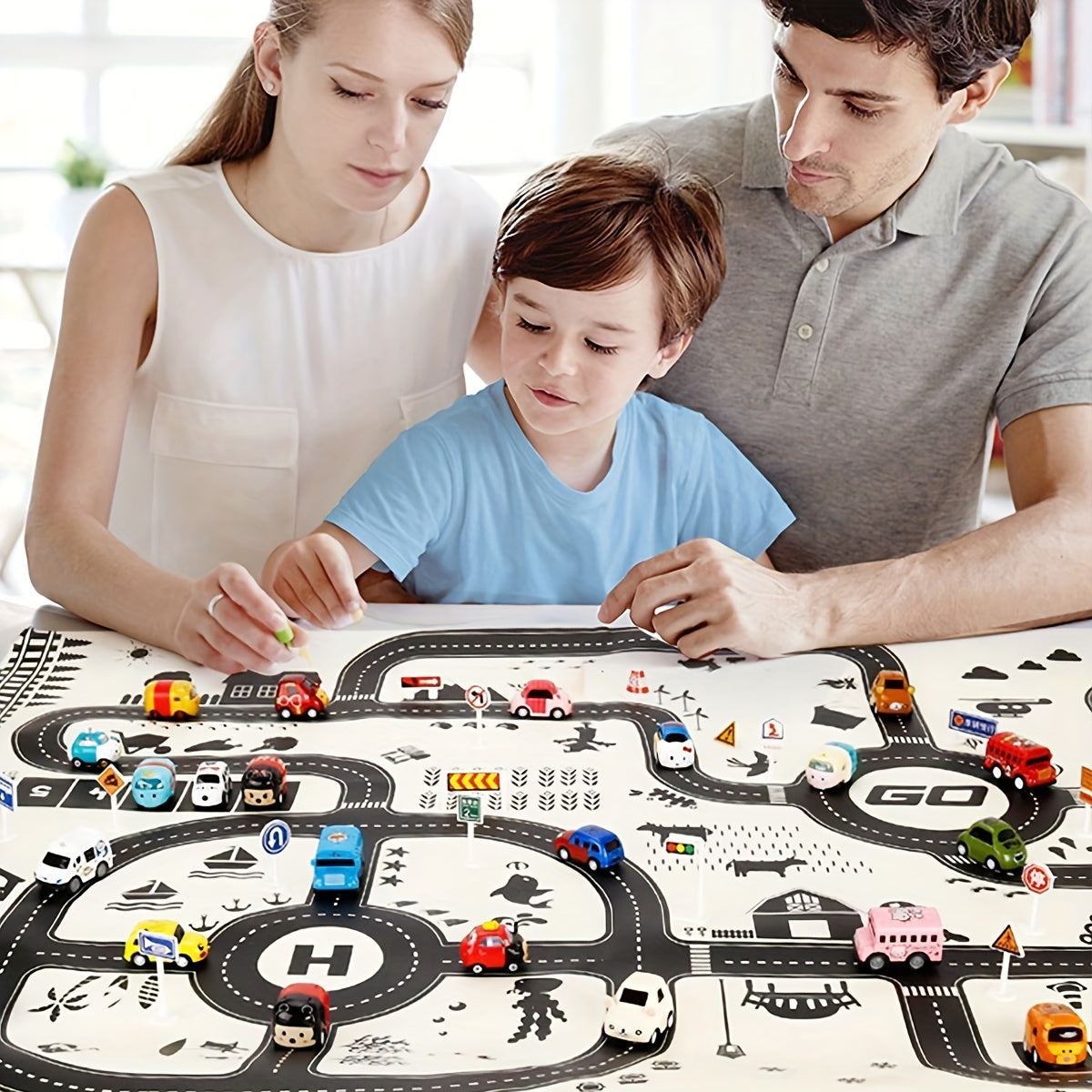 Nordic-inspired black and white parking lot play mat for children with waterproof surface, featuring a city theme traffic map gamepad