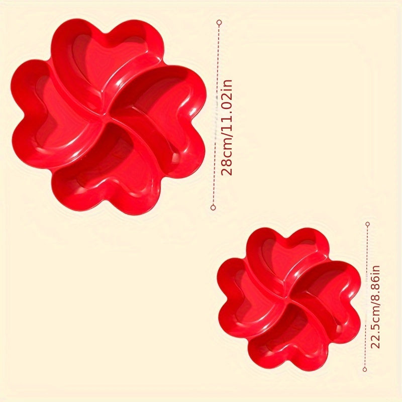 Heart-shaped 4-section plastic snack serving tray, perfect for parties and events, suitable for all seasons, can hold nuts, candy, dried fruits, and salads. Ideal for weddings, engagements, and Diwali celebrations.