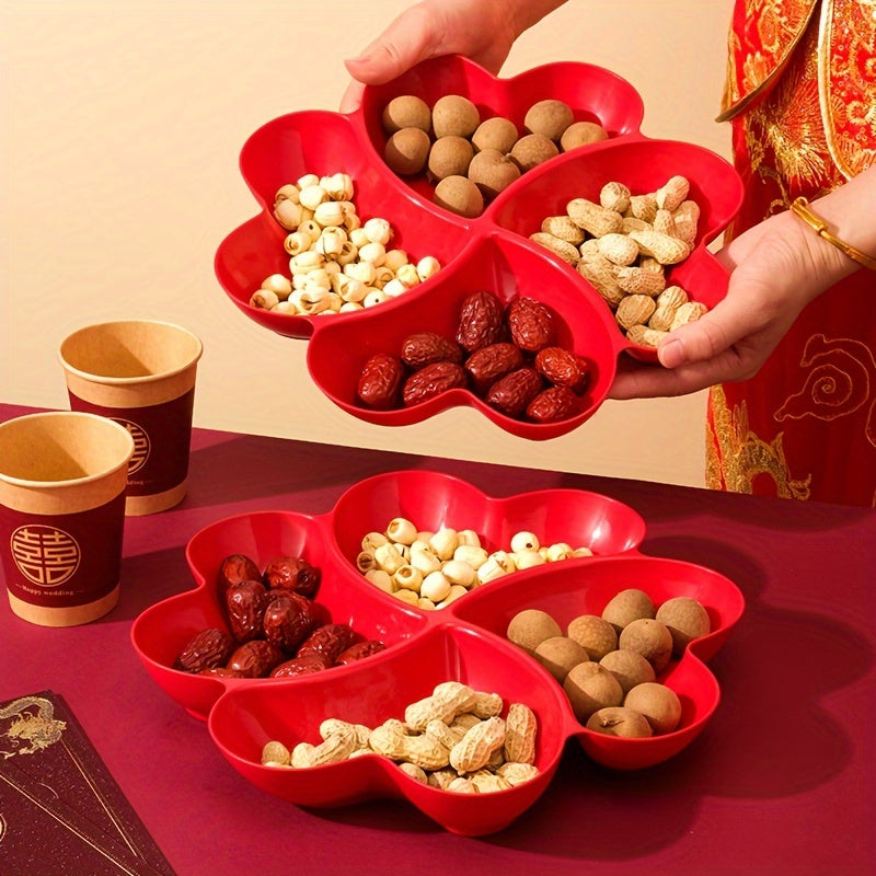 Heart-shaped 4-section plastic snack serving tray, perfect for parties and events, suitable for all seasons, can hold nuts, candy, dried fruits, and salads. Ideal for weddings, engagements, and Diwali celebrations.