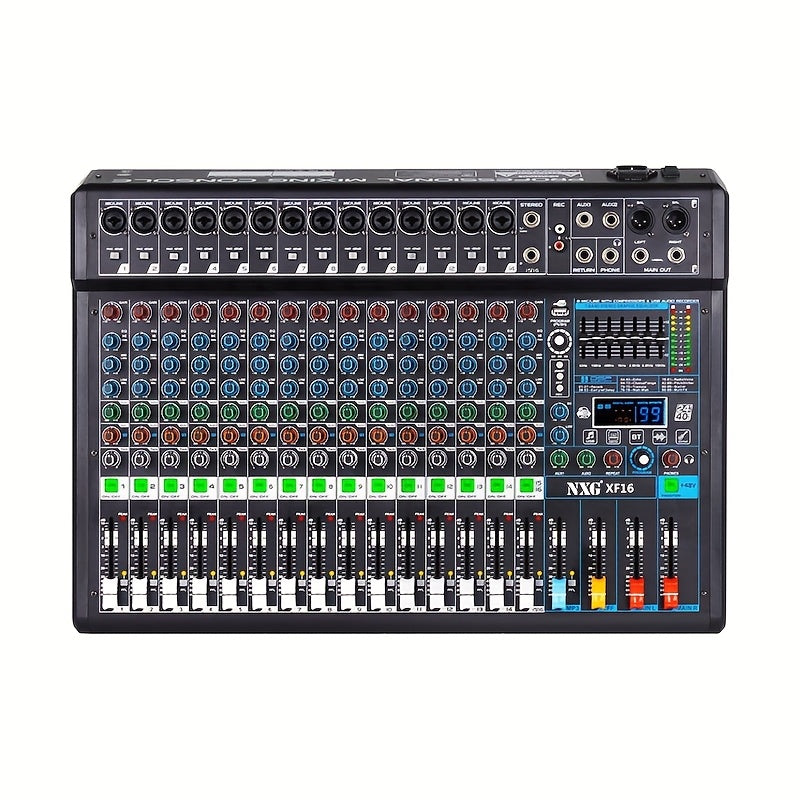 NXG XF8/12/16 Professional Mixer Soundboard with 8/12/16 Channels, USB MP3 Computer Input, 48V Phantom Power, Built-in 99 Reverb Effects, and Recording Function.