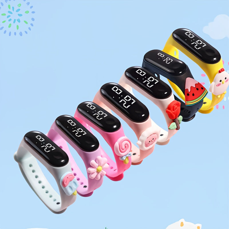 Cute cartoon LED sports watch for kids - silicone band, non-waterproof digital display.