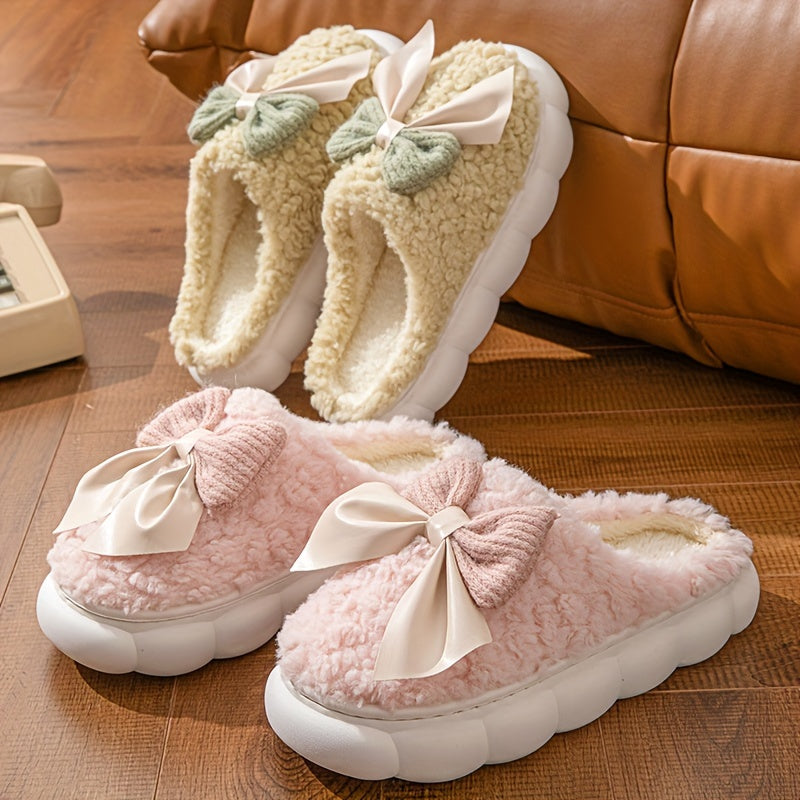 Women's winter warm plush slippers with bowknot detail and non-slip sole, perfect for autumn/winter indoor wear.