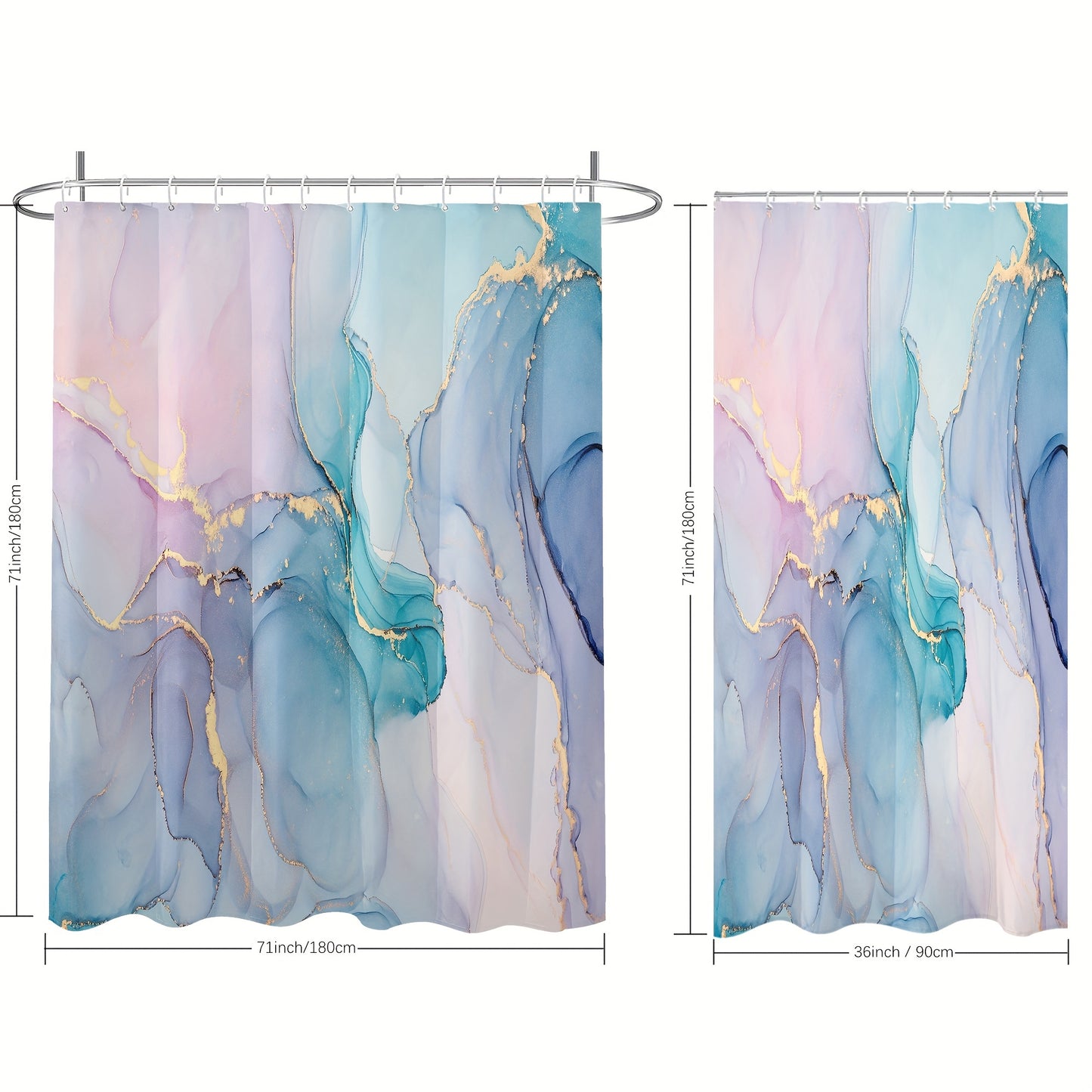 Dreamy marble gilded pattern bathroom window curtain with plastic hooks. Suitable for rooms, families, and hotels. Machine washable and waterproof.