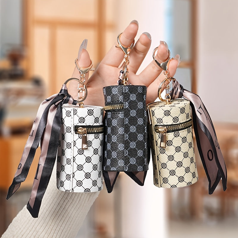 Stylish Faux Leather Lipstick Holder Keychain with Ring - Sophisticated Women's Accessory, Retro Geometric Design, Ideal Valentine's Day Present, Decorative Addition for Handbags, Available in 1 or 2 Pieces