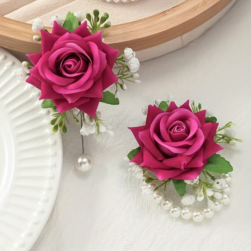 Bridal party accessories such as wrist and chest flowers resembling roses, suitable for bridesmaids, sisters, groomsmen, bride and groom, along with forest-inspired wrist flowers for a unique touch.