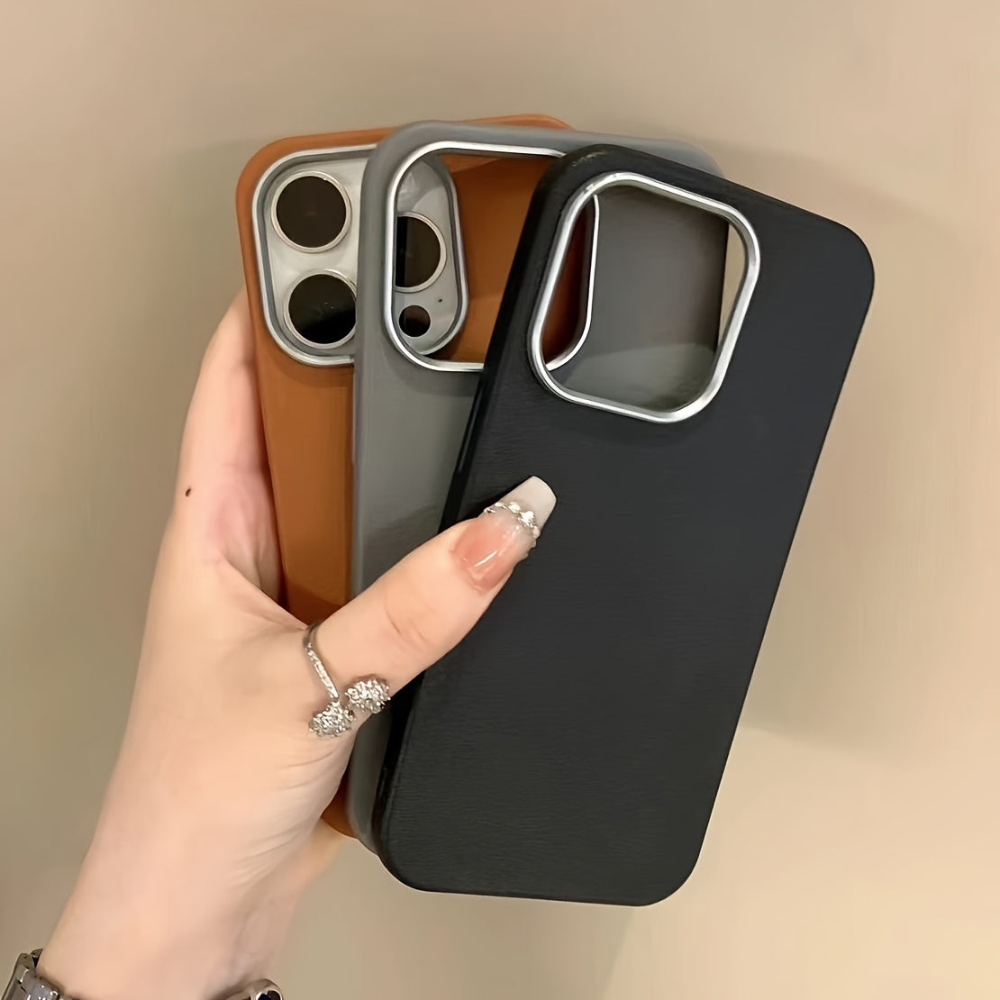 Simple design artificial leather pattern mobile phone case for iPhone models 7 and up.