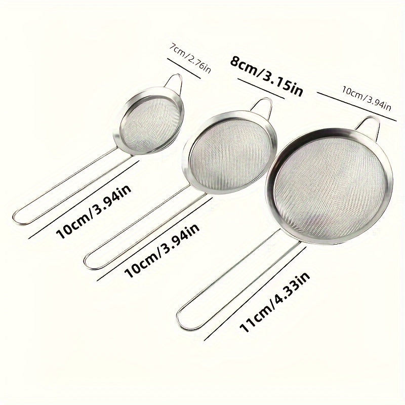 Set of 3 Stainless Steel Strainers for Baking - Perfect for Separating Oil & Vinegar, Filtering Egg Yolks, and Chef's Kitchen Tool