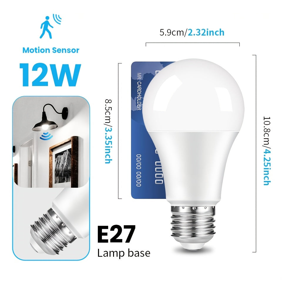 Motion sensor LED bulb with 8 pieces of LEDs, 12W, E27, and suitable for indoor lighting.