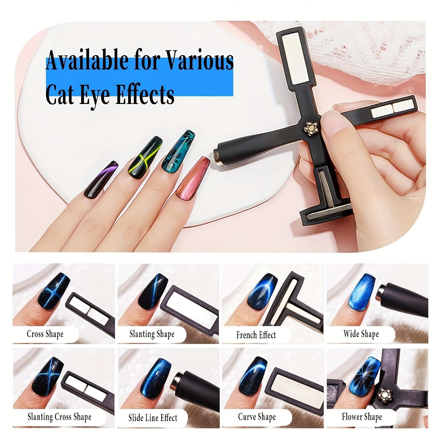 XIYANG TRADE 5-in-1 Cat Eye Magnet for Nails - Multi-function magnetic tool for dotting, drawing, and designing. Includes mirror effect and gradient blue accessories. Odorless and perfect