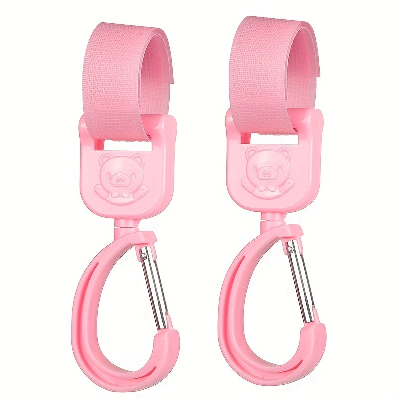 '- Two adjustable Stroller Hooks with 360 Degree Rotation, Hook-and-loop Closure, and Detachable Feature, made from sturdy Plastic