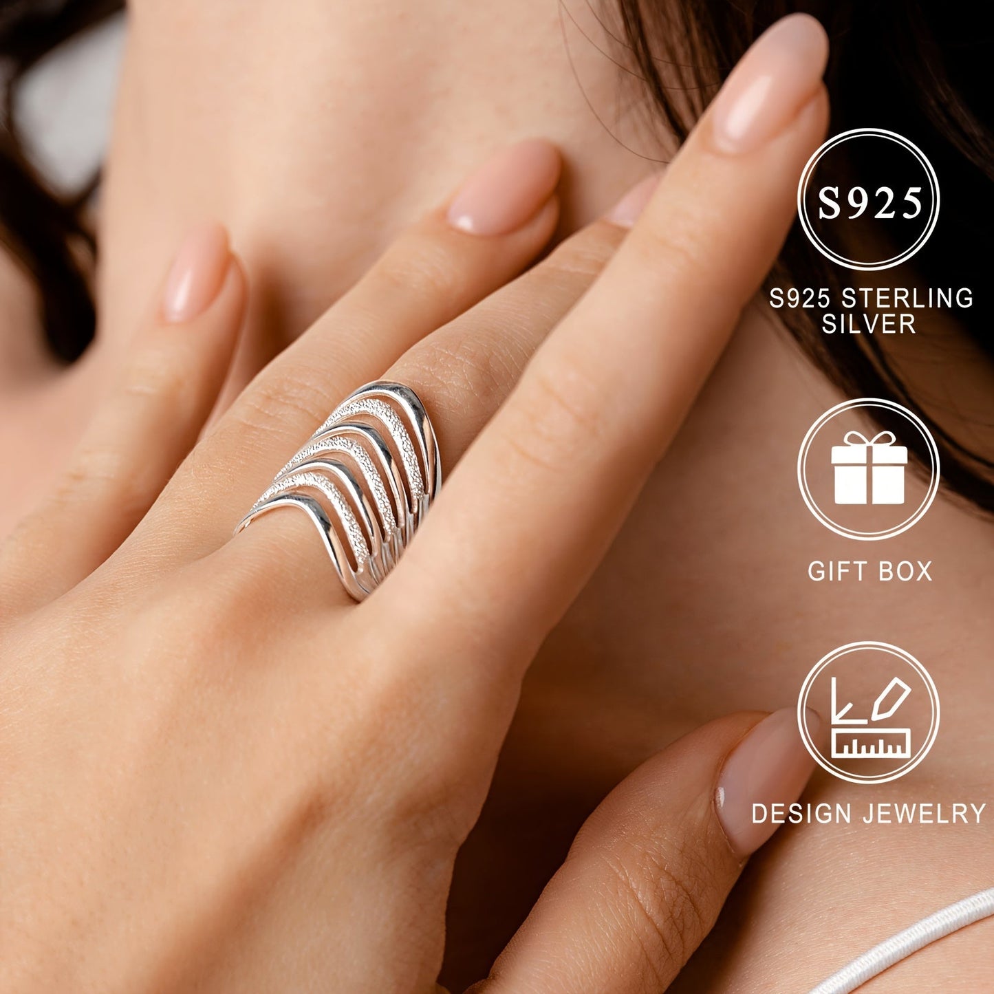 High-quality S925 Sterling Silver Multi-Layer Large Ring, Hypoallergenic and Nickel-Free, Luxurious European and American Style, Perfect for Daily Wear and Parties. Ideal Holiday Gift with Gift Box included, Lightweight at 5g, Low Allergy and Unique.