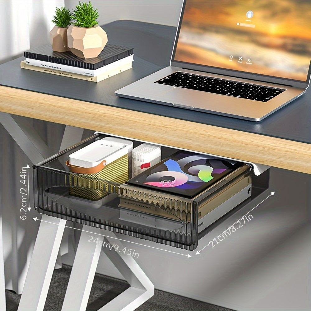 Invisible desk stationery storage without punching; drawer rack under table; hanging pull-out box.