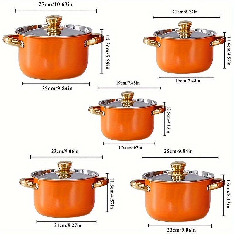 Set of 5 Vibrant Orange Stainless Steel Cookware with Lids - Includes Deep & Thick Soup Pots, Weighing 3.3kg, Suitable for All Stovetops, Perfect for New Year's & Carnival Festivities.