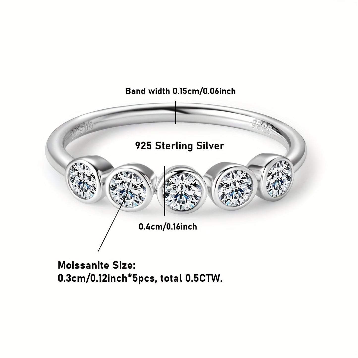 This women's engagement ring is made of 925 silver and boasts a dazzling five-stone Moissanite design, showcasing a 3mm round Moissanite stone at its center. The ring weighs 1.95 grams and is adorned with five additional 3mm Moissanite stones, totaling