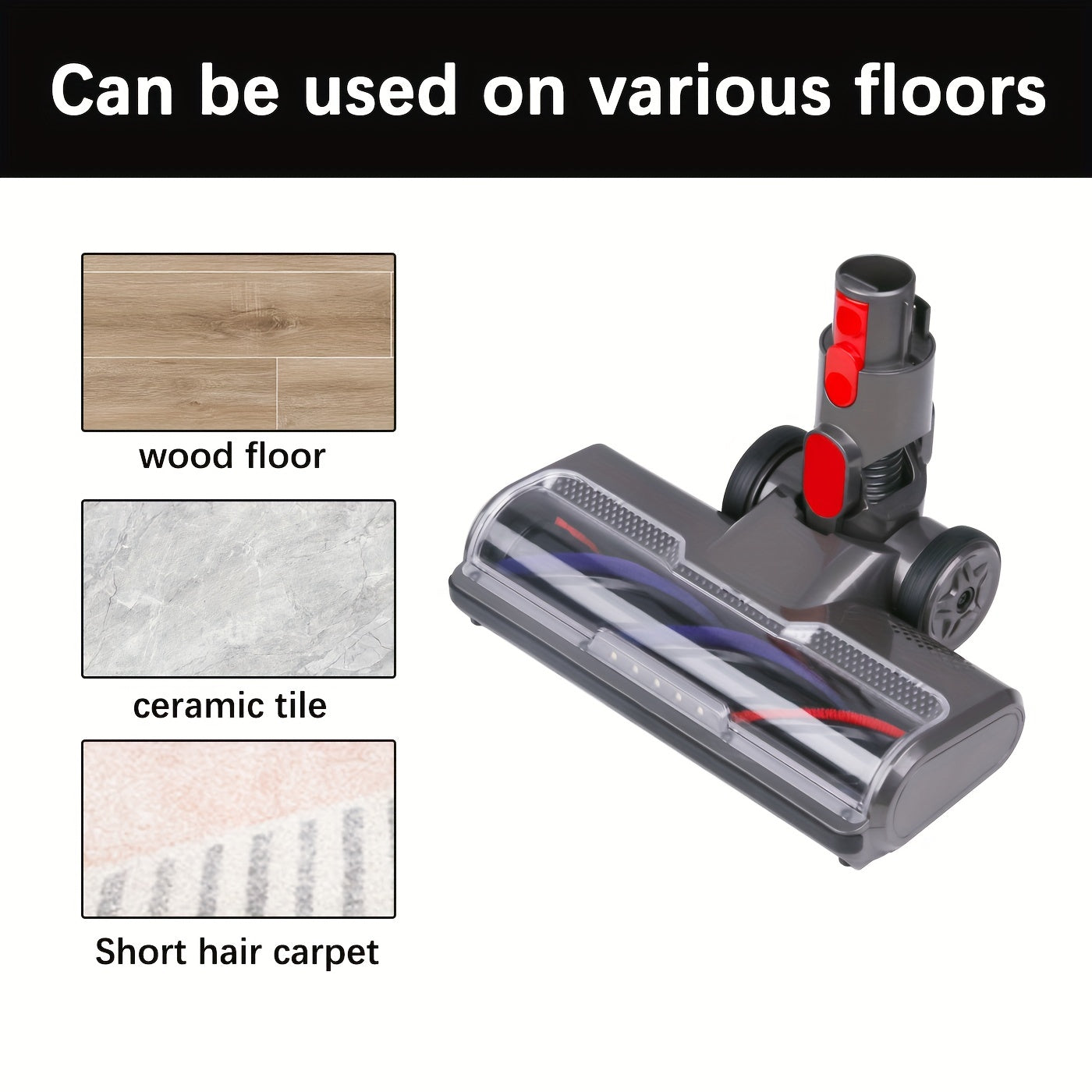 This durable plastic vacuum cleaner head is compatible with Dyson models V7, V8, V10, V11, V15, SV10, and SV12. It is designed as a floor attachment accessory and motor head, not as a standalone vacuum cleaner.