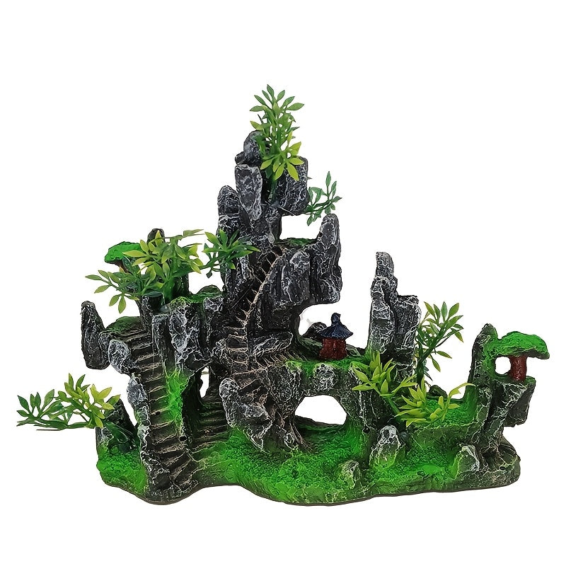 Resin rockery mountain design aquarium decoration with miniature plants and hardscape for fish tank landscape.