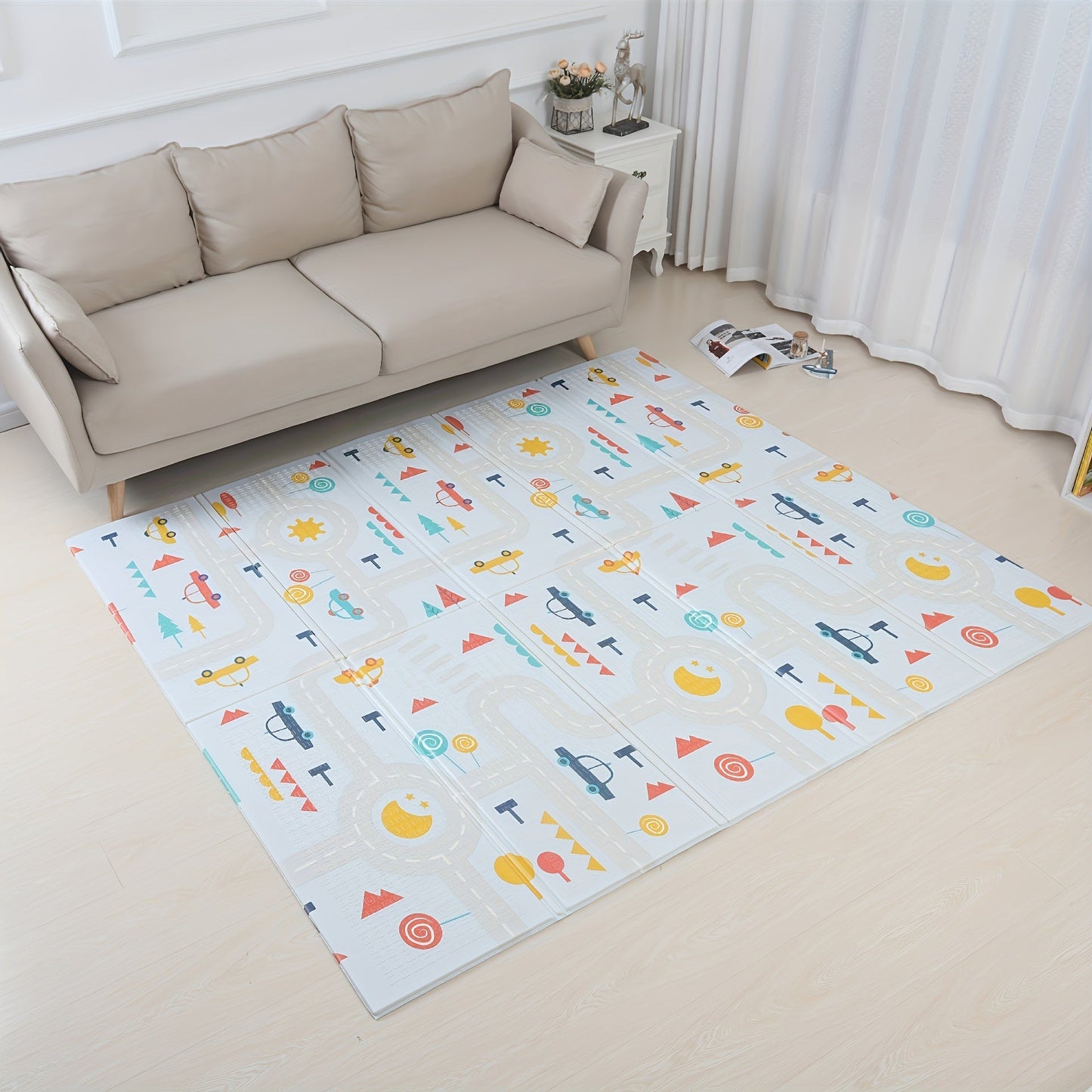 Large, waterproof, double-sided cartoon folding baby game mat perfect for crawling. This non-toxic mat is safe for children and measures 200CM*180CM. Ideal as a Christmas, Thanksgiving Day, New Year, or Valentine's Day gift.