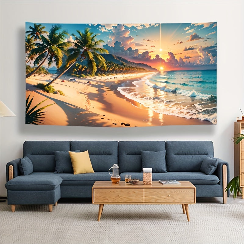 Tropical Beach Paradise Tapestry featuring Palm Trees and Sunset Beach, Stunning Artwork for Home Decor