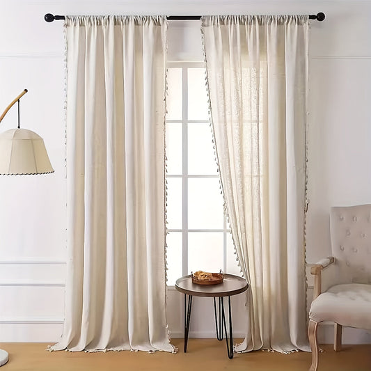 Boho Style Light-Filtering Curtain made with 100% Polyester Yarn-Dyed Fabric. Features a Rod Pocket Top and Woven Decorative Design, perfect for Bedroom, Living Room, Balcony, or Bay Window. Unlined for a natural look, suitable for all seasons with a