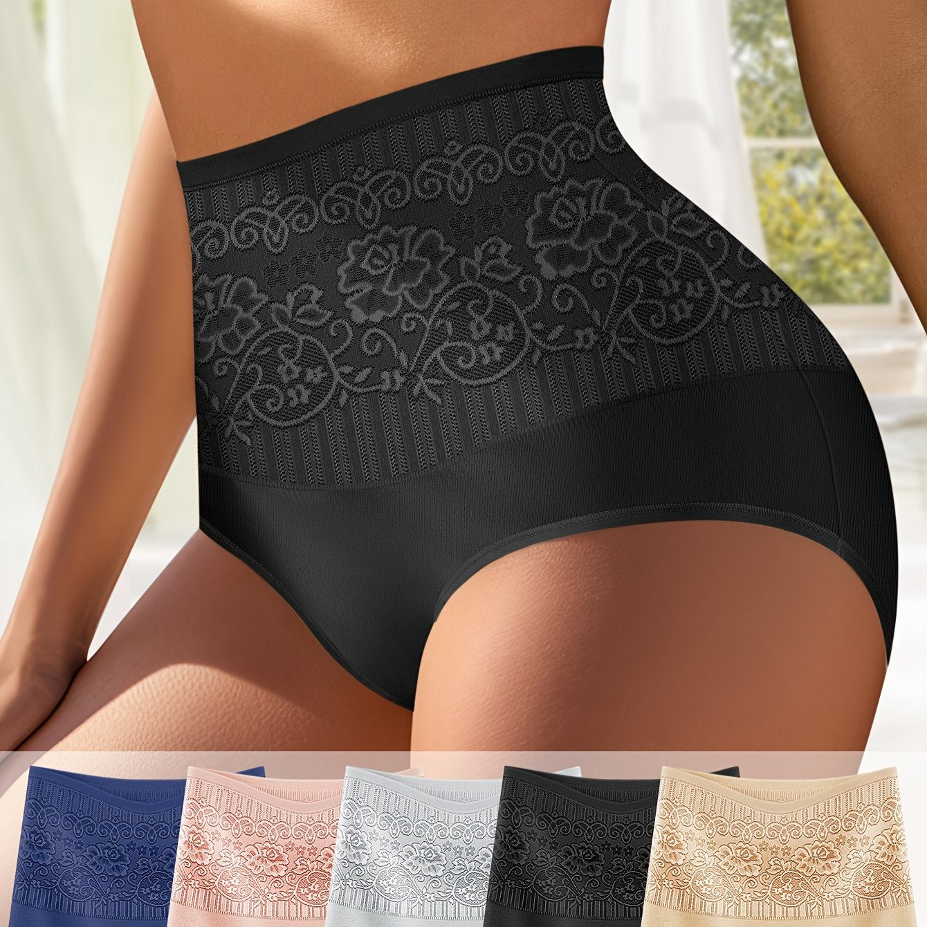 5 high waist women's panties for tummy control, with jacquard and hip lift features for comfort.