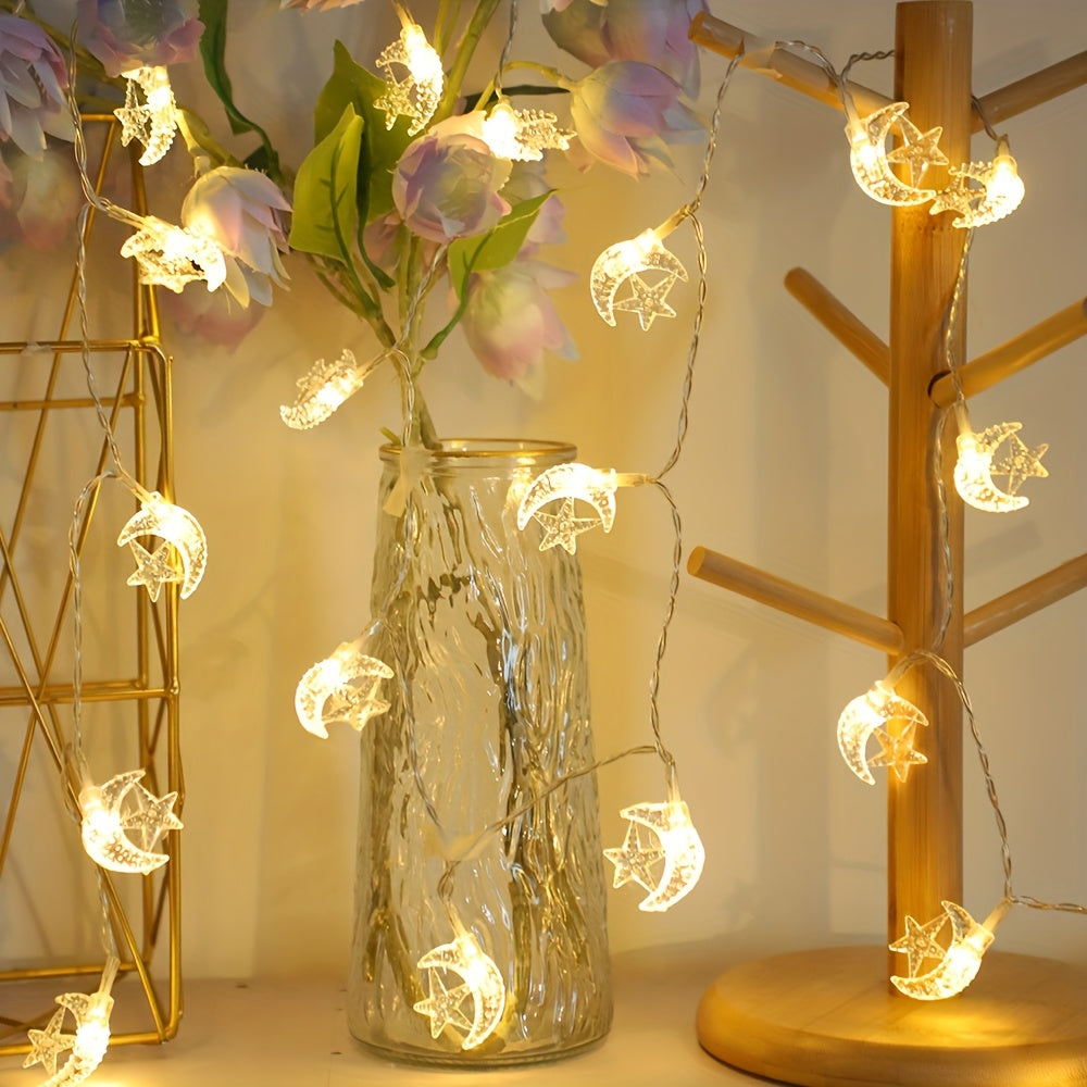 LED string lights with classic star and moon design, battery operated for indoor decor, ideal for bedrooms, walls, Ramadan, Eid, weddings, and parties.