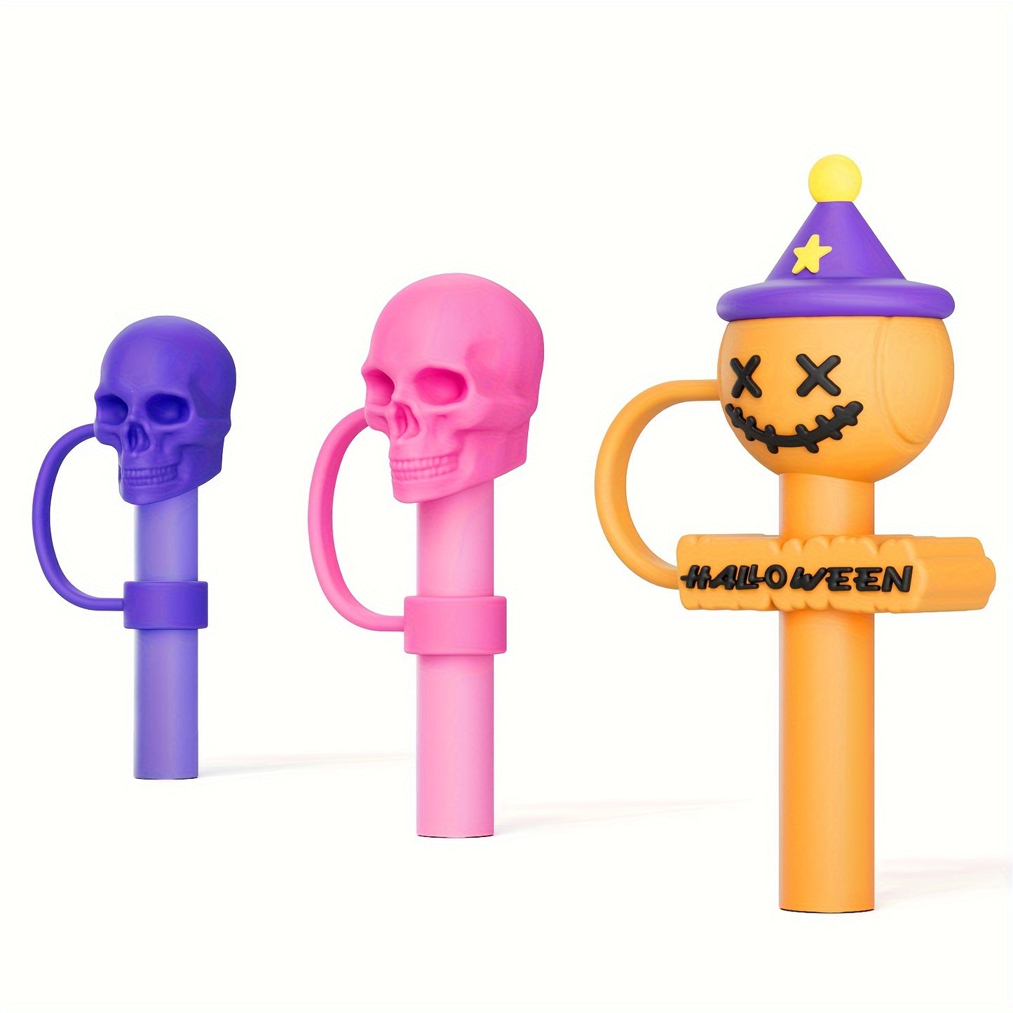 Halloween-themed stainless steel water bottles with BPA-free straw set and fun lids, hand wash only. Includes 6 round bottles and 1 extra straw.