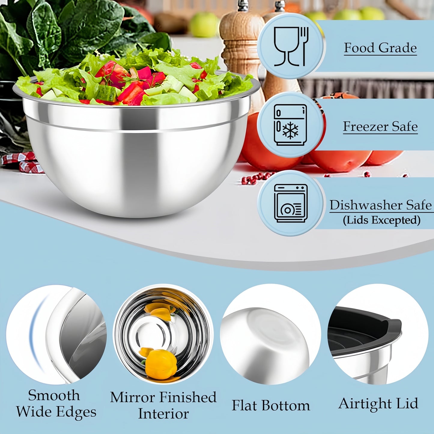 This set includes 15 stainless steel mixing bowls with black seal covers. 
The nesting style design includes 3 grater accessories and a metal nesting storage bowl to save space in your kitchen.
These versatile bowls are dishwasher safe and perfect for