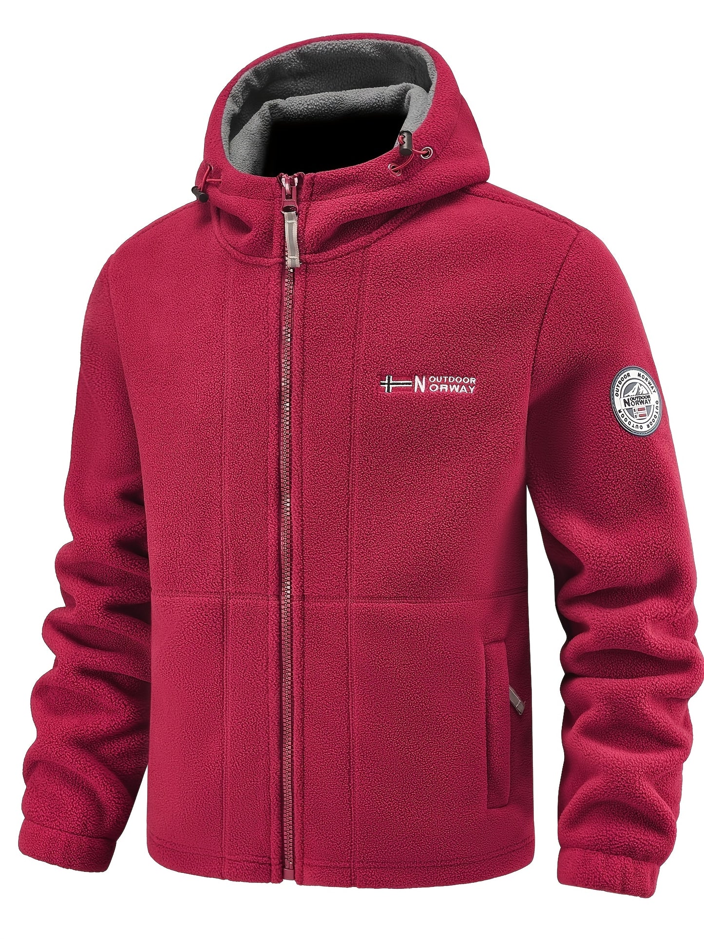 Men's fleece-lined hooded jacket for fall/winter activities, featuring windproof design, zipper pockets, and embroidery details.